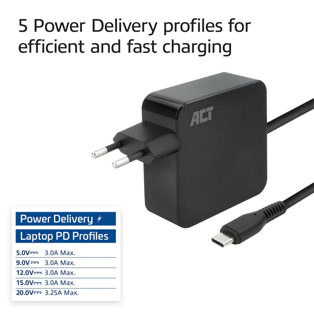 ACT AC2010 | Universele USB-C Notebook Lader | 65 Watt PDP | 2 Meter - Matmuis