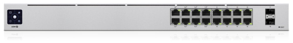 Ubiquiti UniFi USW-16-POE Gen2 | 16-poorts Managed L2/L3 Gigabit Switch | 8x PoE+ (802.3at) | 2x SFP | 42W PoE-budget | Fanless | 1U Rackmount - Matmuis