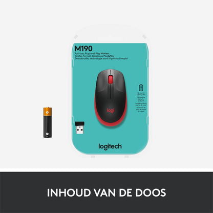 Logitech M190 | Draadloze Muis | Links- en Rechtshandig | RF | 1000 DPI | Zwart/Rood - Matmuis - Matmuis