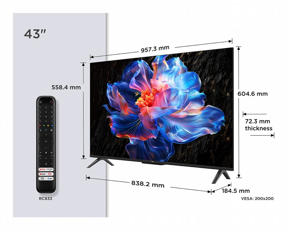TCL 43P69K 43" | 4K UHD Smart TV | Google TV | Dolby Vision | Zwart