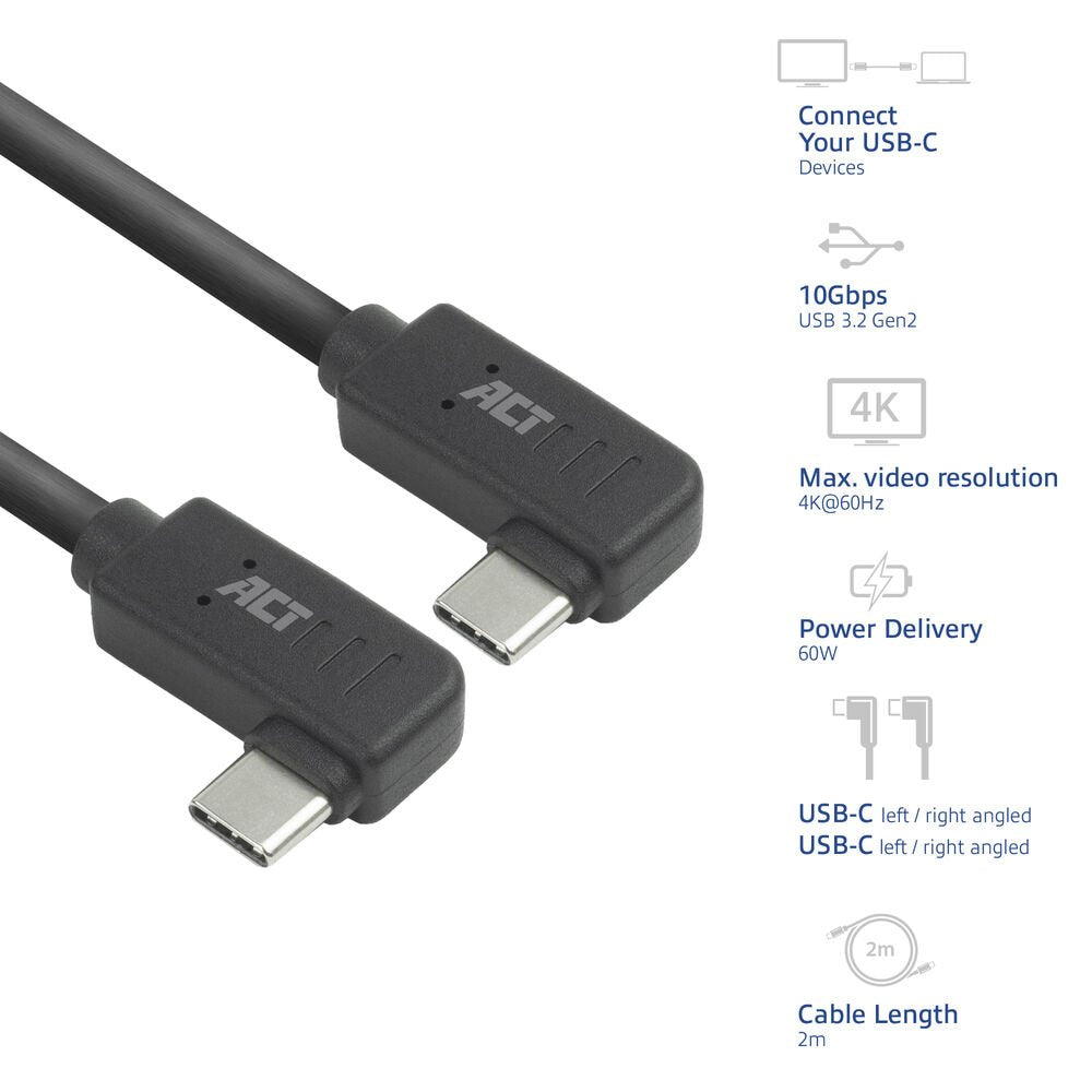 ACT AC7488 | USB 3.2 Gen 2 Kabel | USB-C (haaks links/rechts) naar USB-C (haaks links/rechts) | 60W | 10Gbps | 2m | Zwart - Matmuis - Matmuis