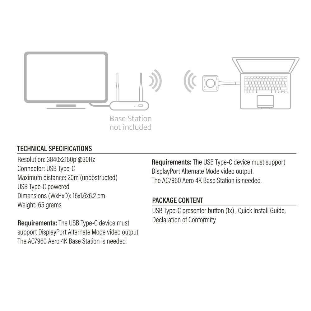 ACT Aero 4K Presentator Knop (AC7961) | USB-C | 4K | Draadloos | Tot 20m | Plug and Play - Matmuis - Matmuis