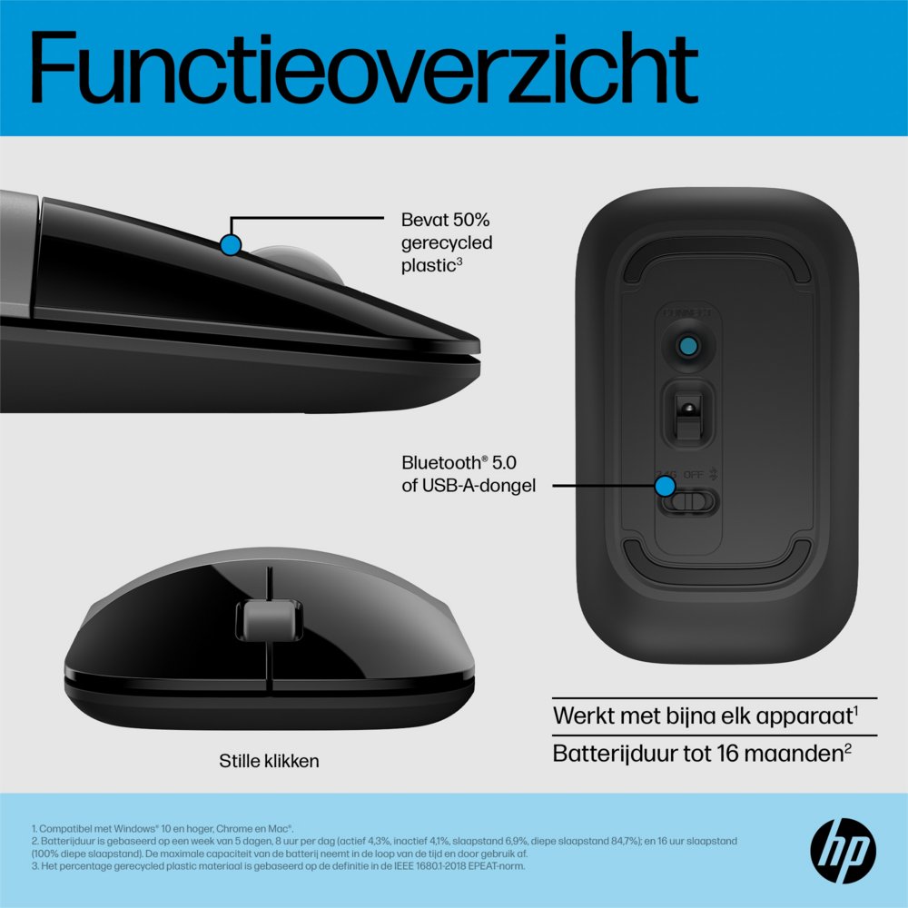 HP Z3700 Dual | Draadloze Muis | Links- en Rechtshandig | RF + Bluetooth | Zwart/Zilver - Matmuis - Matmuis