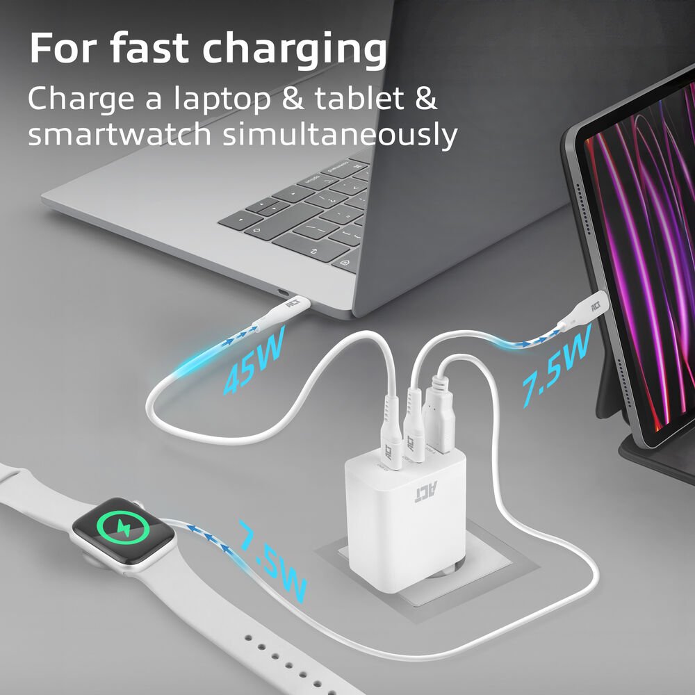 ACT AC2170 USB-C/USB-A Lader | 3-Poorts met PPS, QuickCharge & GaNFast | 65W