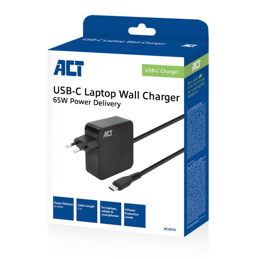 ACT AC2010 | Universele USB-C Notebook Lader | 65 Watt PDP | 2 Meter - Matmuis